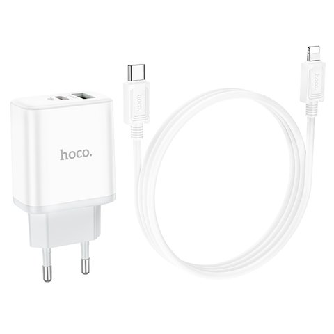 Adaptador de red Hoco C105A, 20 W, Power Delivery (PD), blanco, con cable USB tipo C - Lightning para Apple, 2 puertos, #6931474782939 Vista previa  1