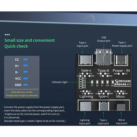 Тестер для USB-кабелів синхронізації та зарядки Mechanic DT3, Lighning/Type - С/Micro usb Прев'ю 1